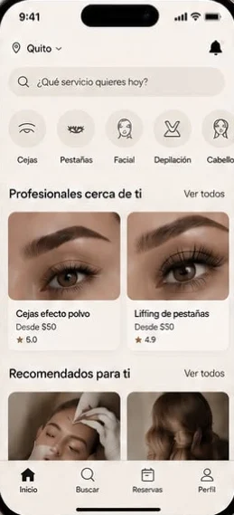 App VEYA explorando servicios en Quito: cejas, pestañas, facial, depilación y profesionales cerca